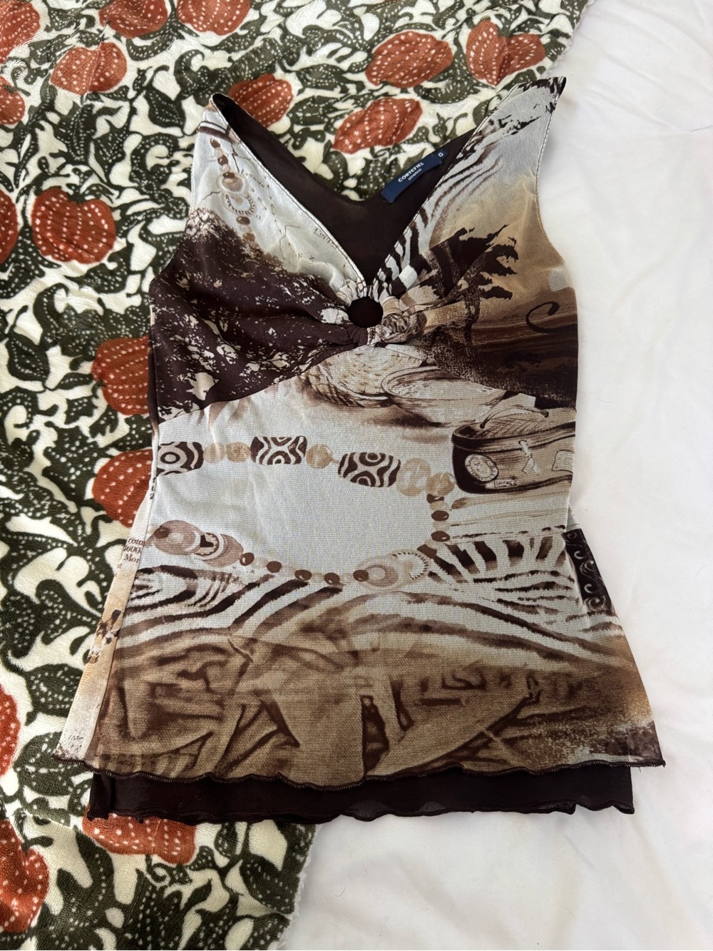 Women's Brown Abstract Print Vintage V-Neck  Tank Top
